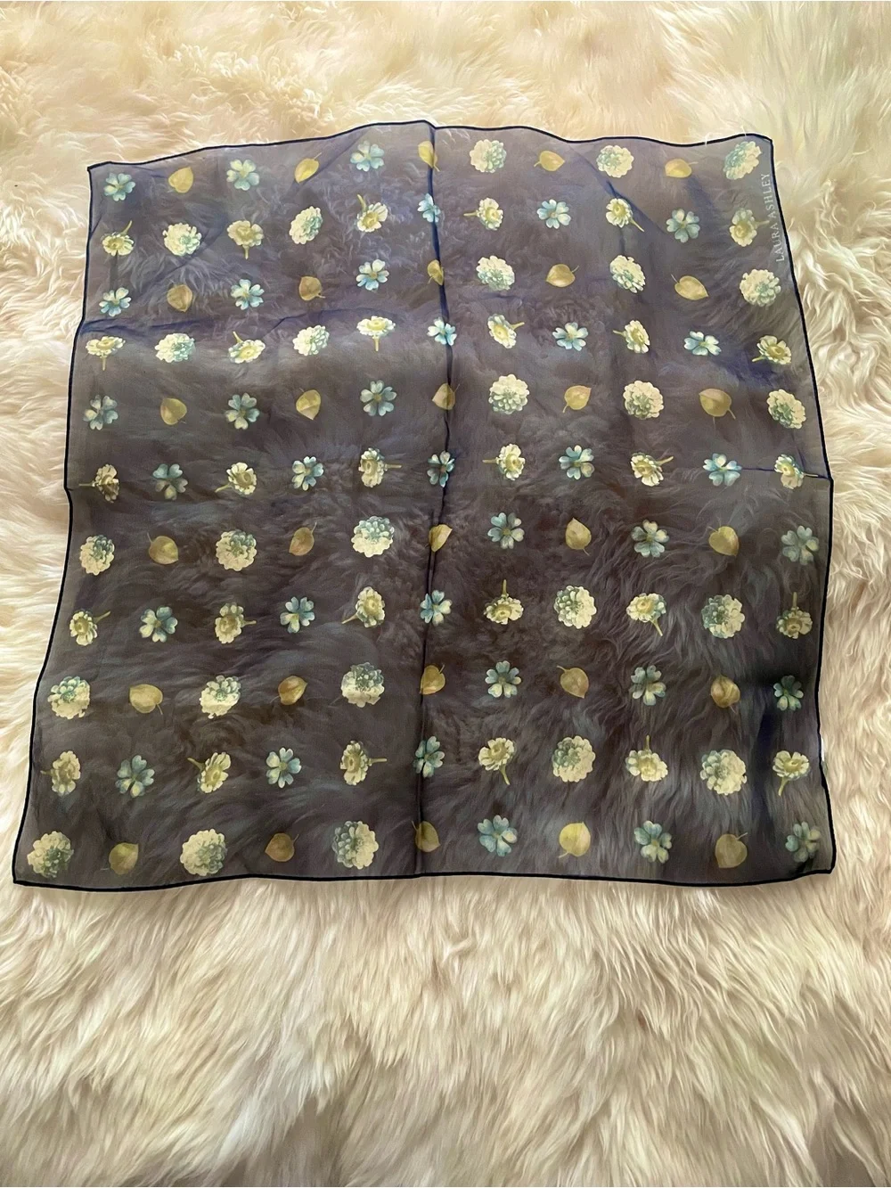 Vintage Laura Ashley Silk Chiffon Sheer Scarf Neckerchief Navy Floral